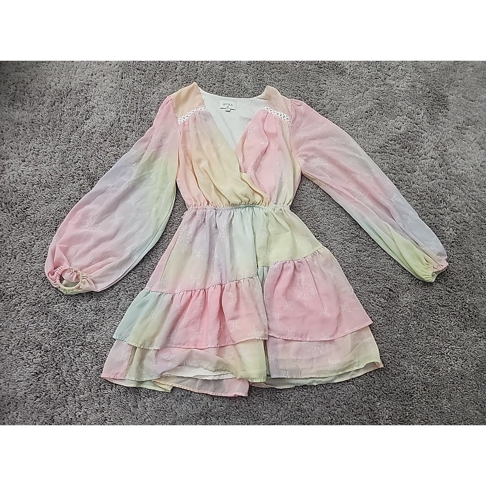 AURA Tiered Mini Dress Womens M Pastel Multicolor Surplice V-Neck LD1055-RD
